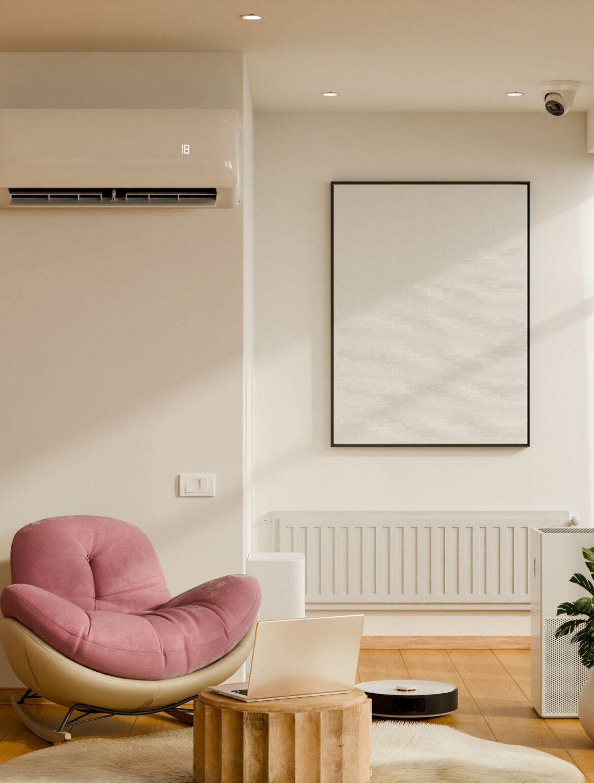Modern smart home living room interior with air conditioner, robot vacuum cleaner, air purifier and security camera, technology and comfort concept- 3D rendering
