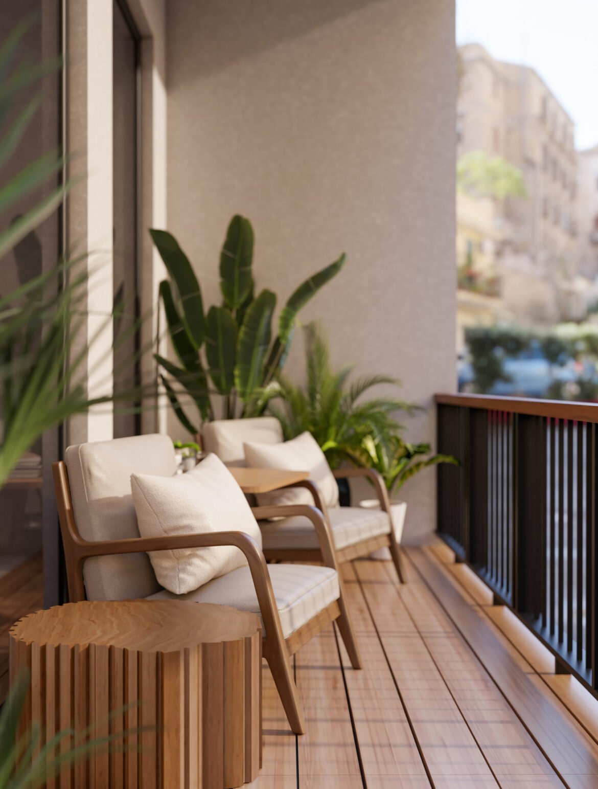 The armchairs and table place on the wooden floor balcony, with nature view and sunlight shine upon. sightseeing terrace. 3D rendering, 3D illustration.